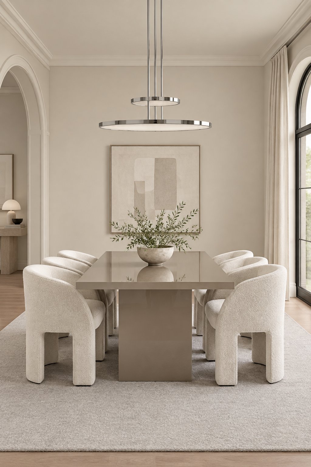 A contemporary dining room with a taupe table, curved cream chairs, a light grey rug, and chrome lighting.
