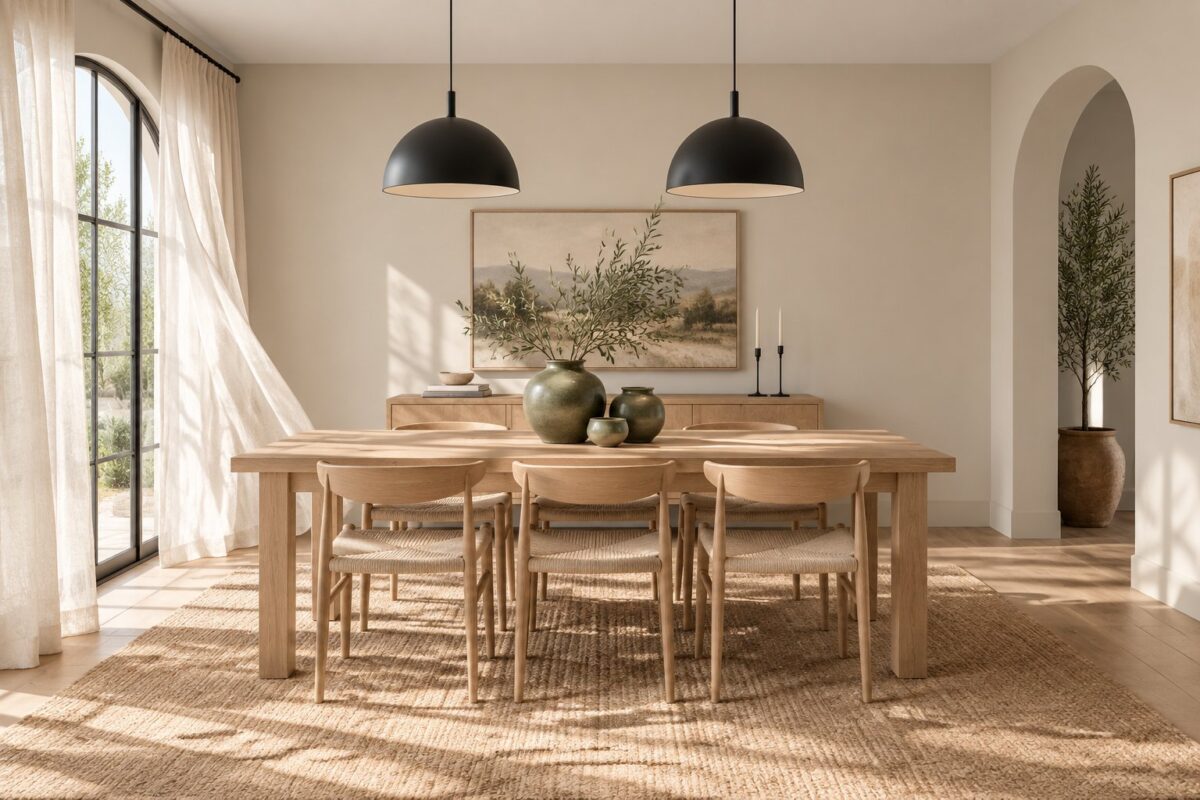 A sunlit dining room with a wooden table, sheer curtains, black pendant lights, and green ceramic vases.
