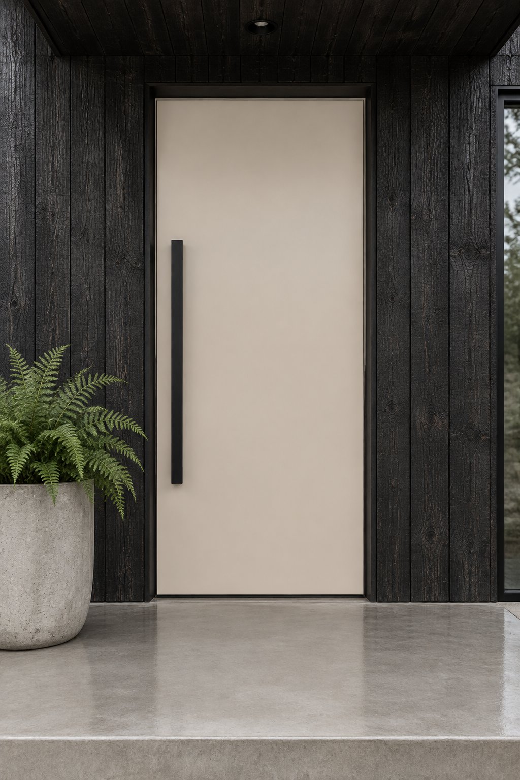 A home entrance with a taupe front door, dark wood siding, a concrete porch, and a planter of green ferns.