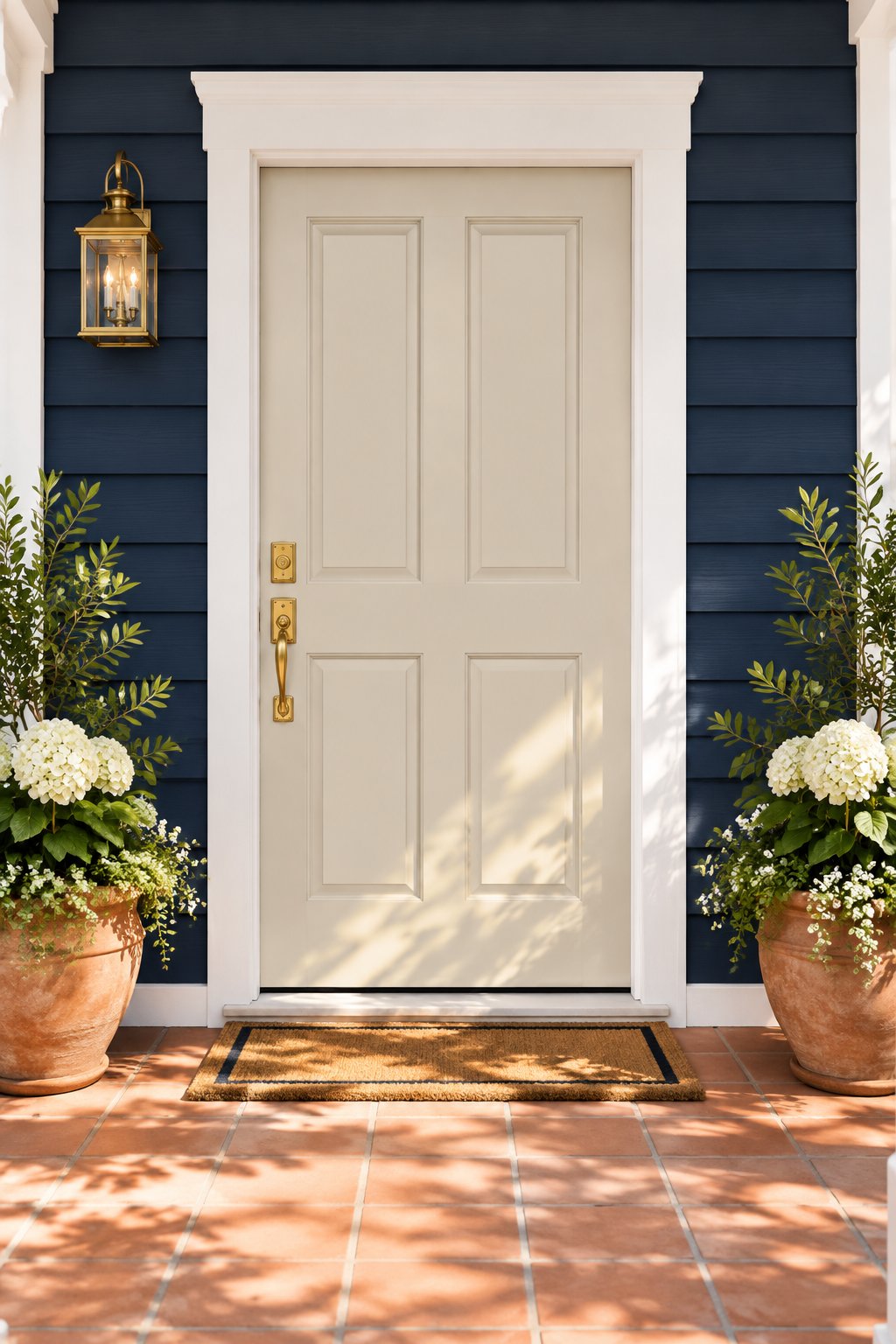A traditional front porch with a taupe paneled door, navy siding, white trim, and terracotta flooring.