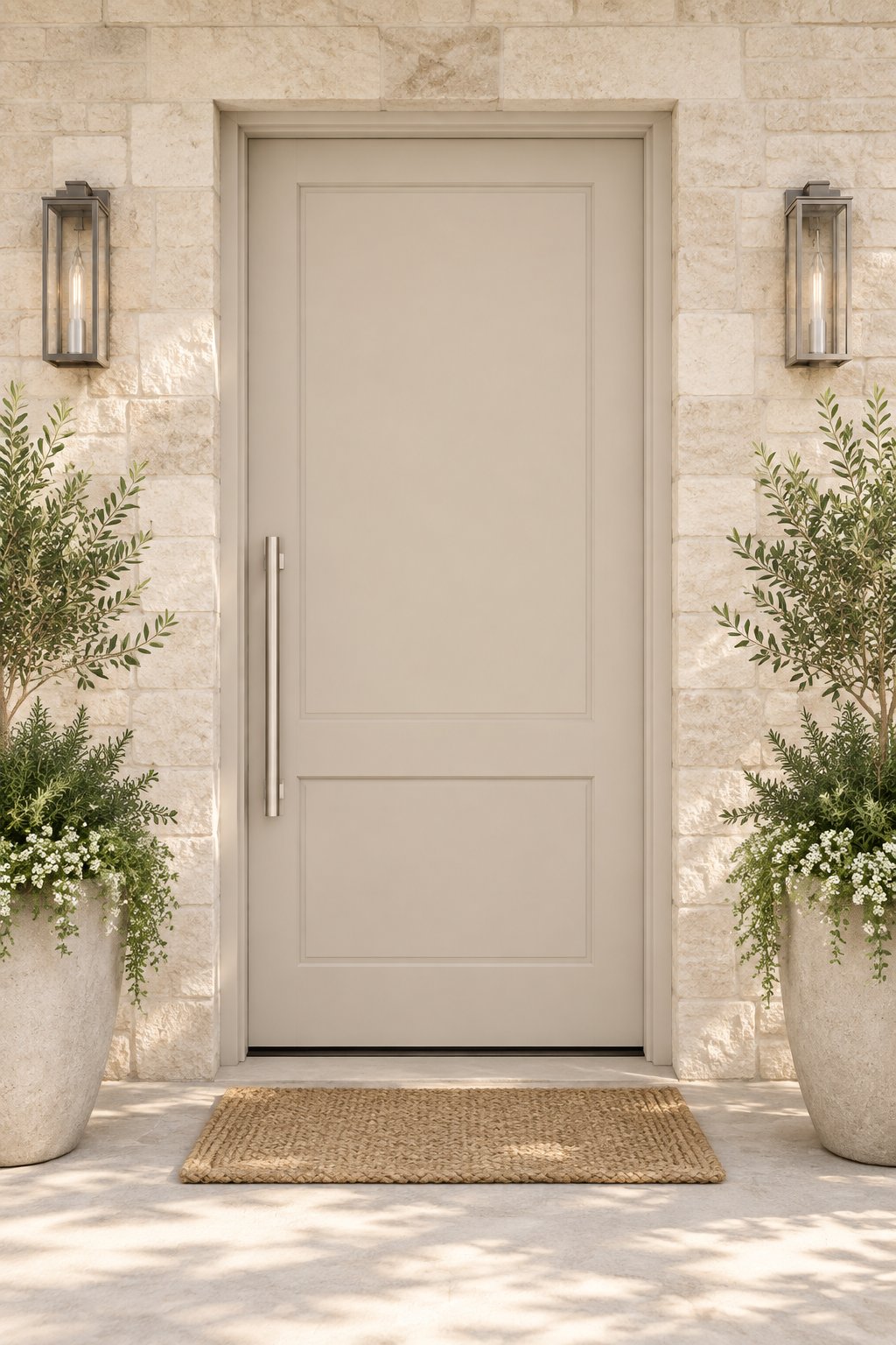 A taupe front door with a long metal handle, pale stone walls, and a woven doormat.