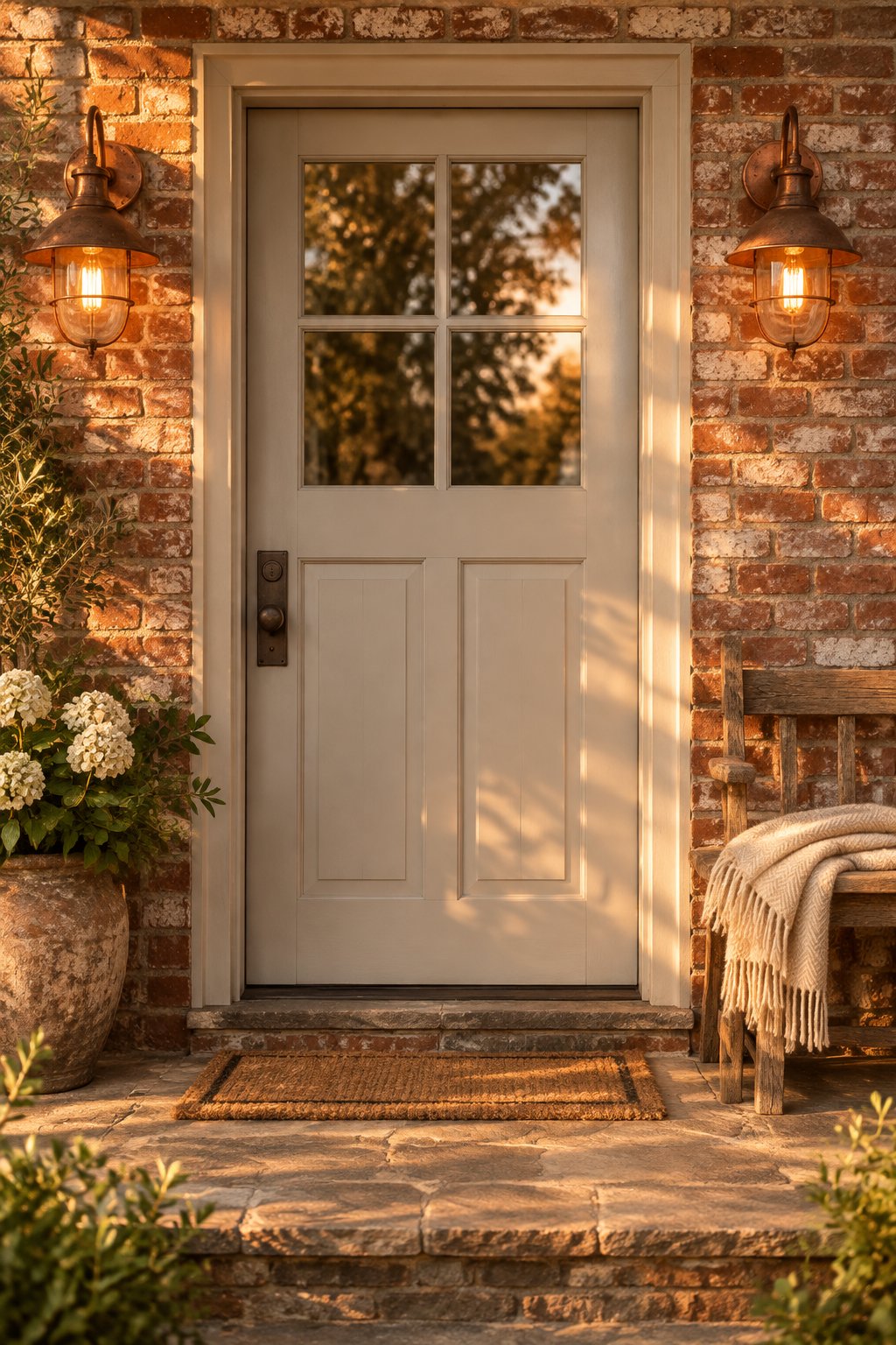A cottage entryway with a taupe wooden door, red brick walls, glowing wall lights, and a bench with a blanket.
