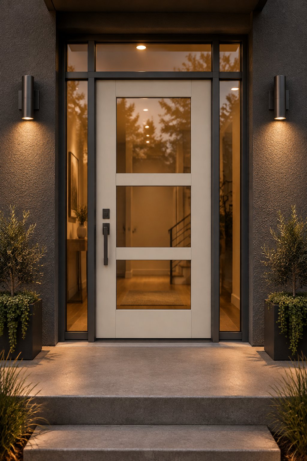 A contemporary residential entrance with a taupe glass-paneled door, dark gray stucco walls, and warm lights over a concrete stoop.