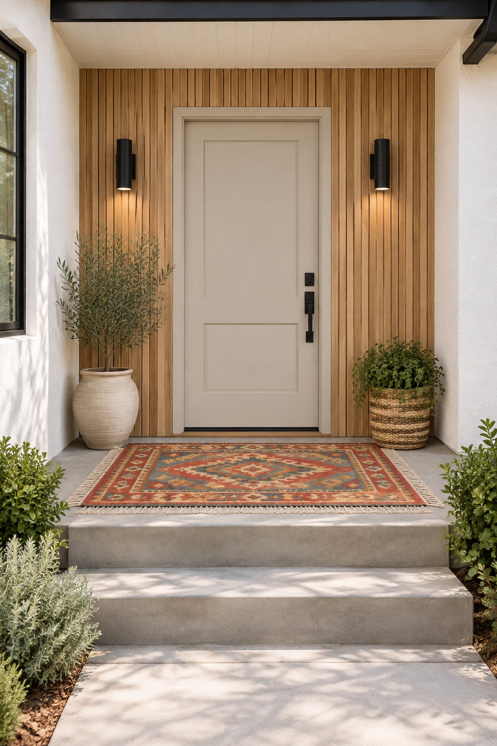 A front entryway with a taupe door, wood wall panels, black lights, concrete steps, and a colorful rug.