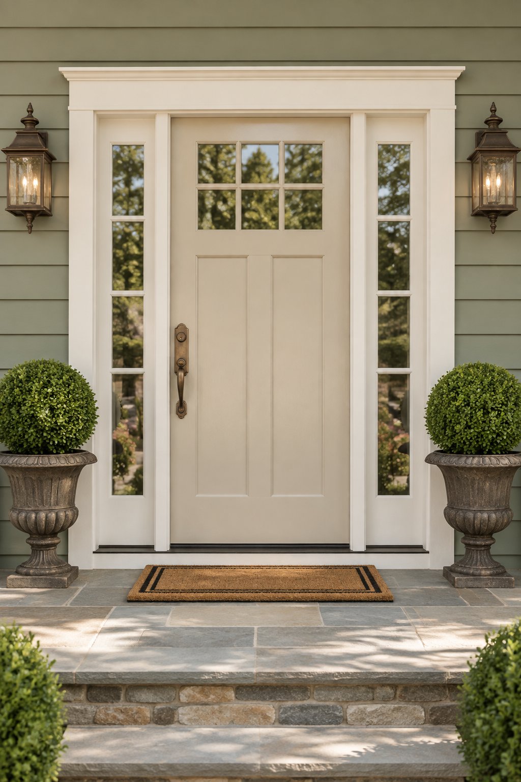A home entrance with a central front door, glass sidelights, green siding, bronze hardware, and potted shrubs.