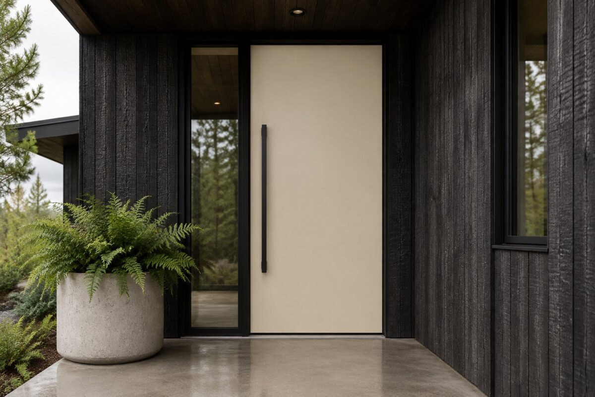 A modern home entrance with a taupe front door, black vertical handle, dark siding, concrete porch, and a planter of green ferns.