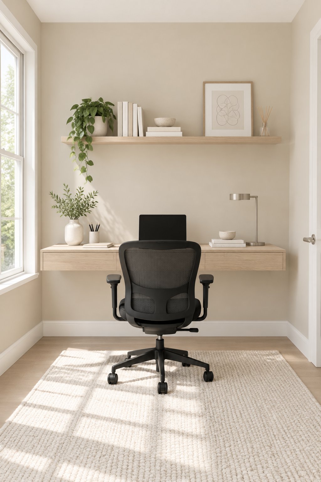 A bright home office with warm taupe walls, a floating wood desk, a black chair, and an ivory rug.