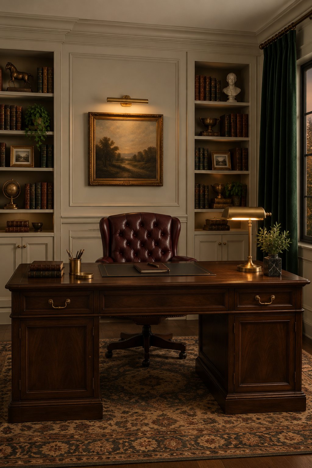 A traditional home office with a walnut desk, leather chair, bookshelves, taupe walls, and green curtains.