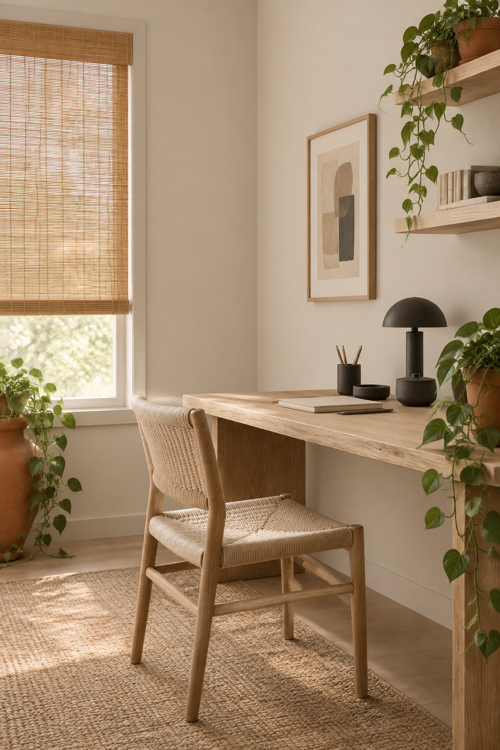 A calm home office with a wooden desk, woven chair, window blinds, plants, and soft morning light.