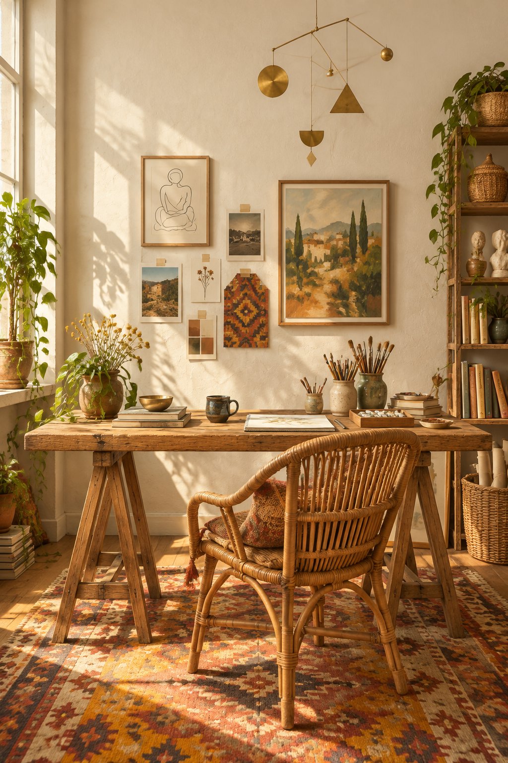 A sunlit home office with a wooden table, woven chair, colorful rug, hanging mobile, and neatly arranged art supplies.