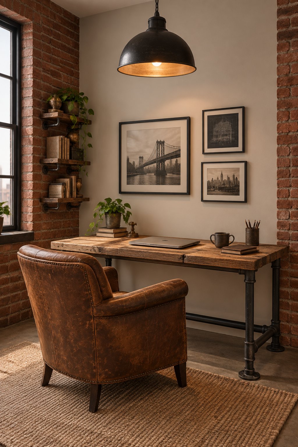 A corner home office with a taupe accent wall, exposed brick walls, a wooden desk, a brown leather chair, and a black pendant light.
