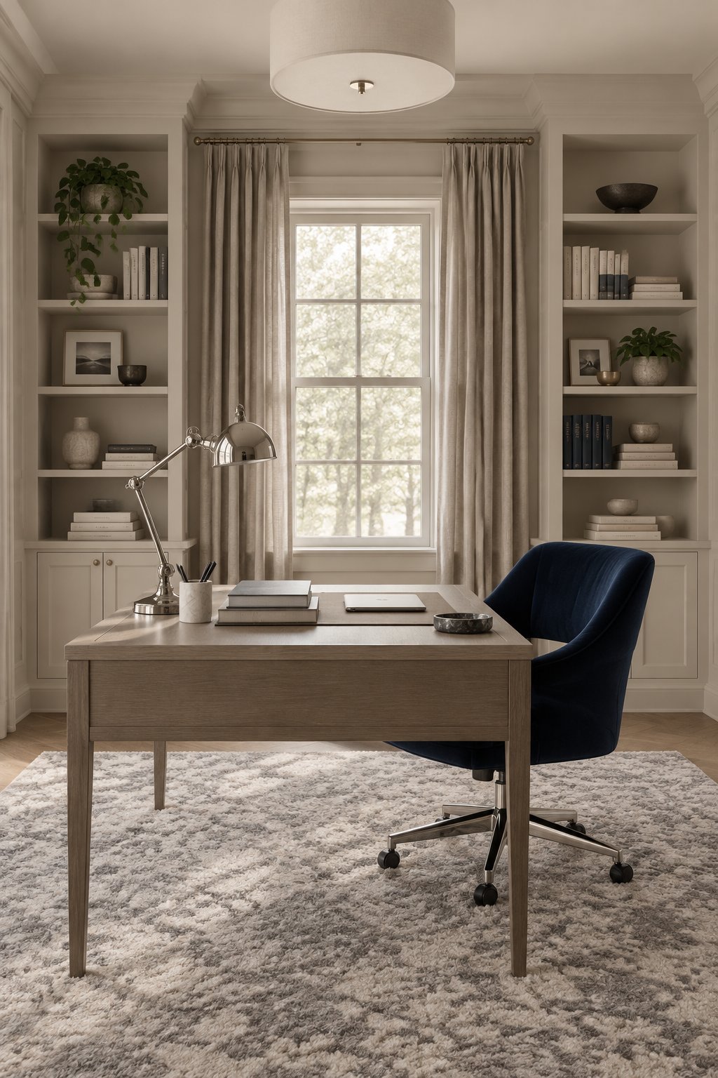 A home office with built-in shelving, a desk, a chair, curtains, and a patterned rug.
