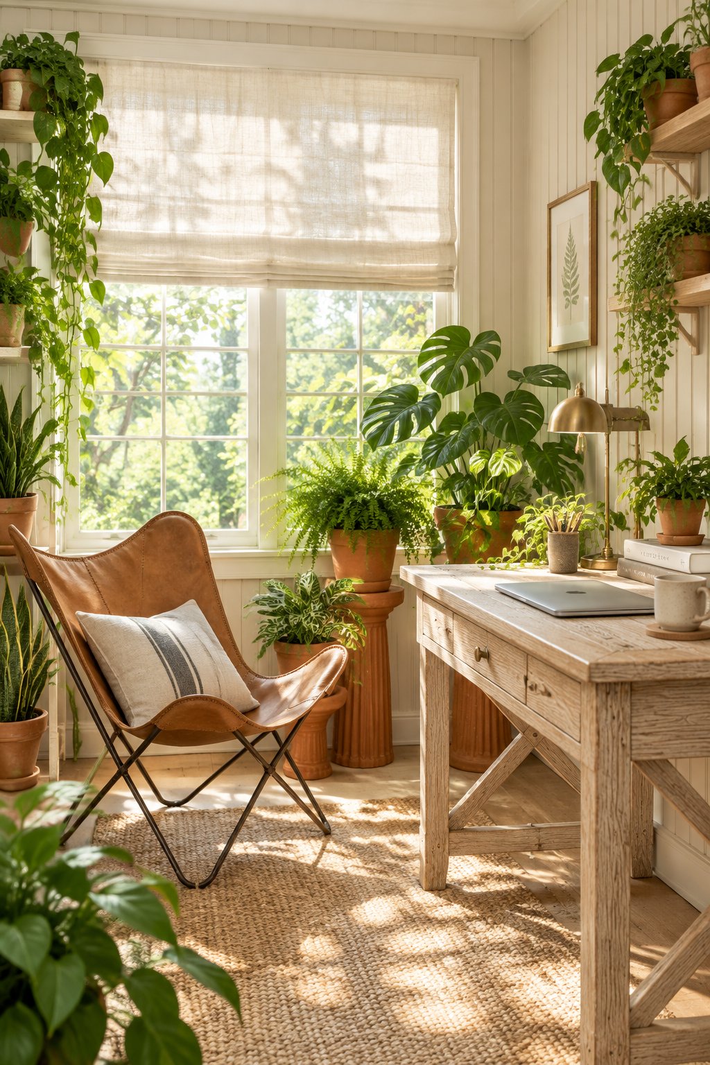 A bright home office with warm taupe beadboard walls, a wooden desk, a tan leather chair, leafy potted plants, and sunlight filtering through linen shades.