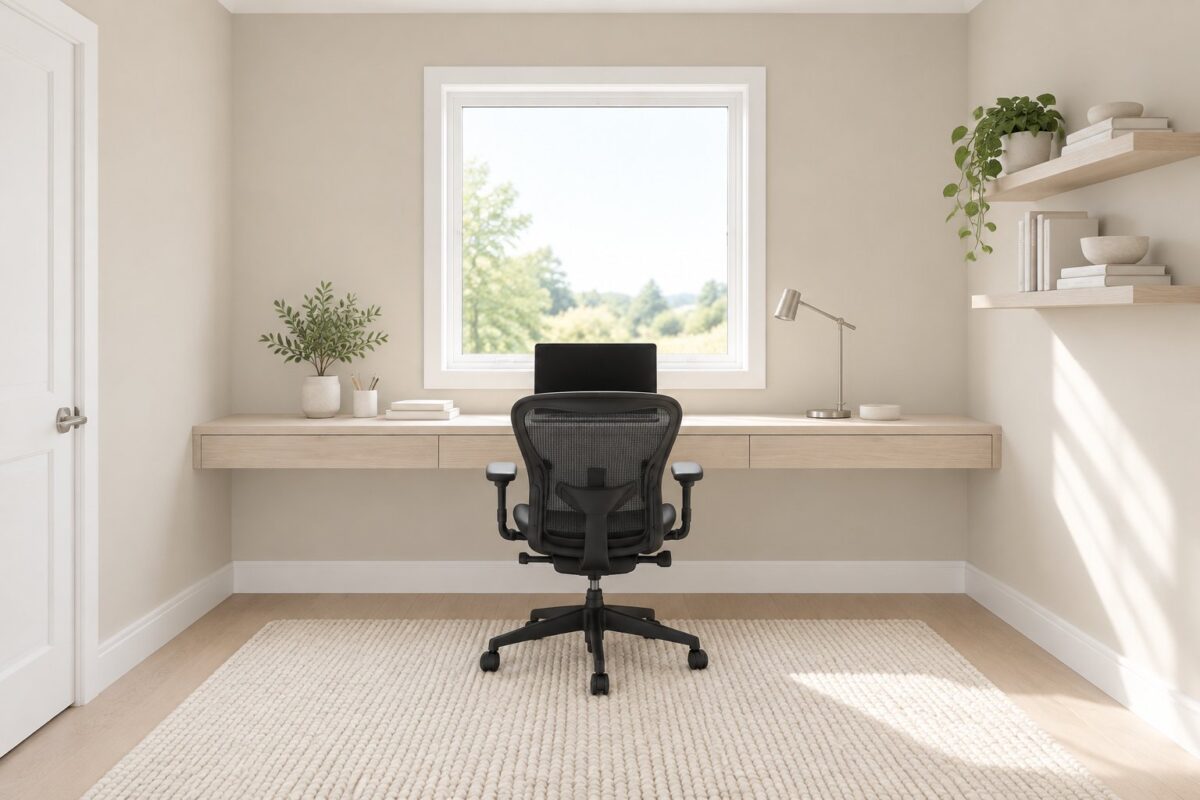 A bright home office with a floating wooden desk, black chair, neutral walls, and an ivory rug.