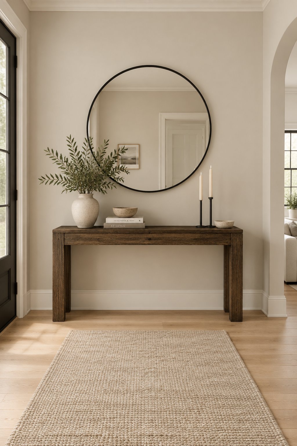 A quiet foyer with a console table, round wall mirror, runner, and wood flooring.