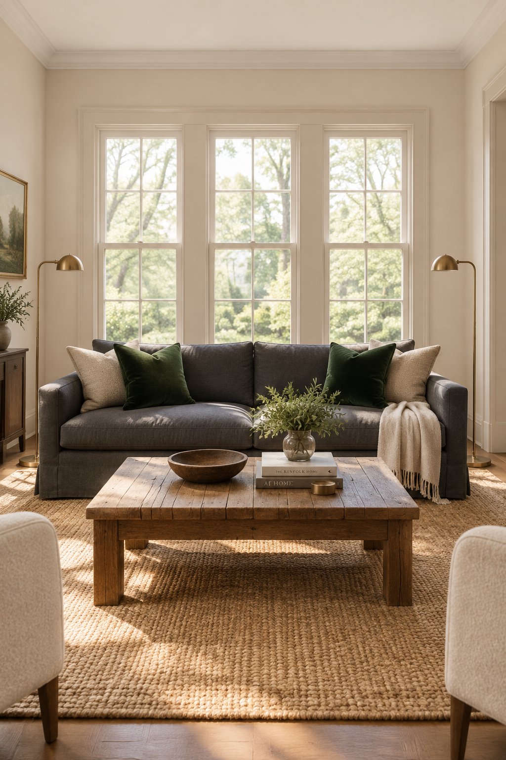 A bright living room with a gray sofa, green pillows, a wooden coffee table, a woven rug, brass lamps, and large windows.