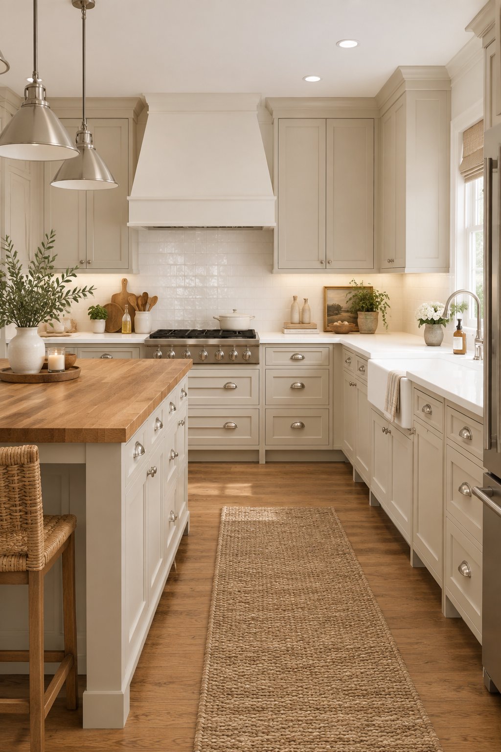 A bright kitchen with taupe cabinets, a central island, light countertops, and a tiled backsplash.