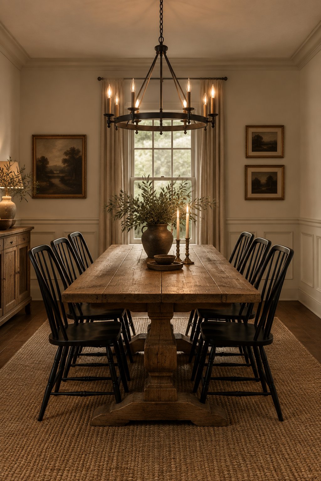 A dining room with a wooden table, black chairs, and a chandelier.
