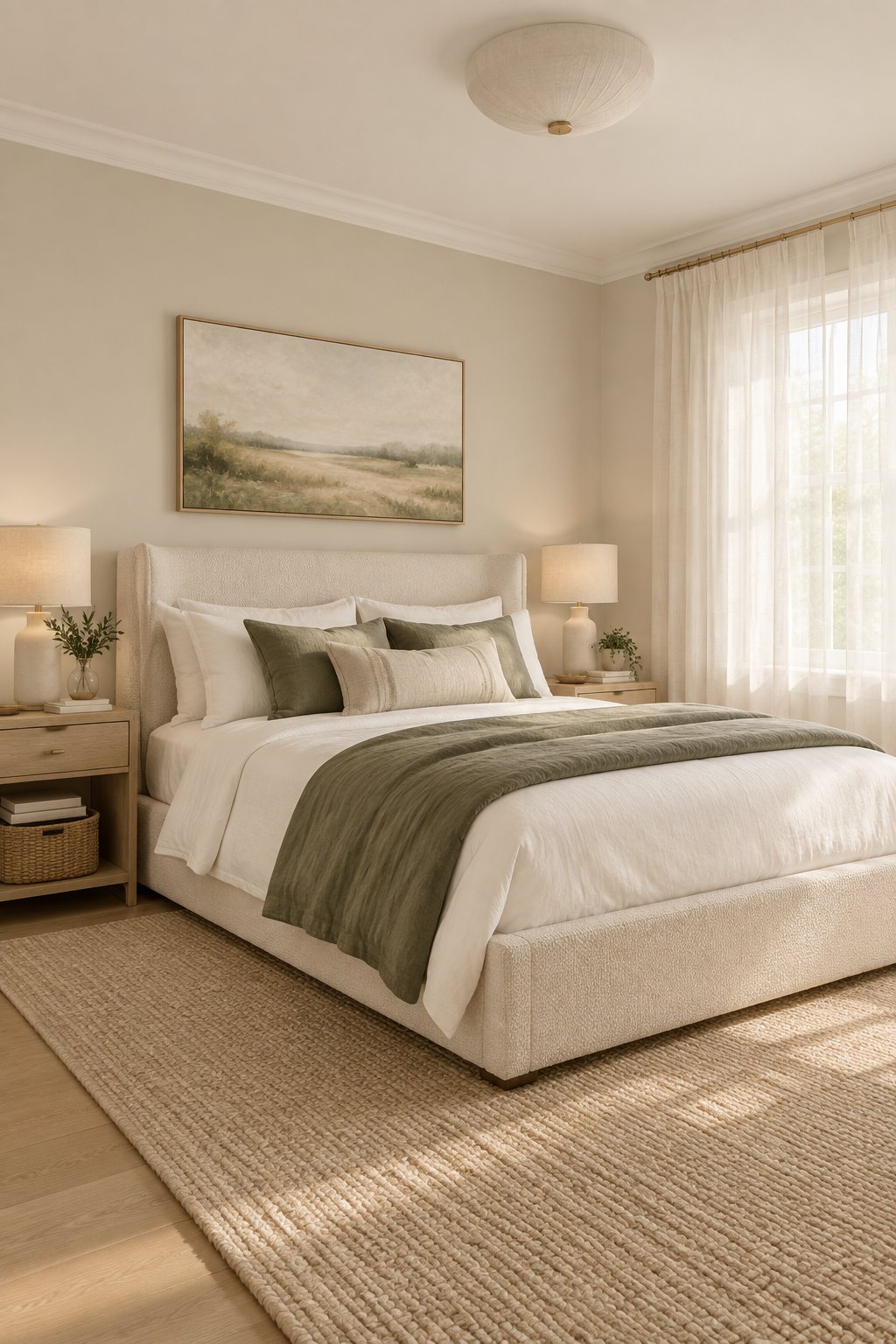 A primary bedroom with a cream upholstered bed, white and olive bedding, oak nightstands, and sheer curtains.