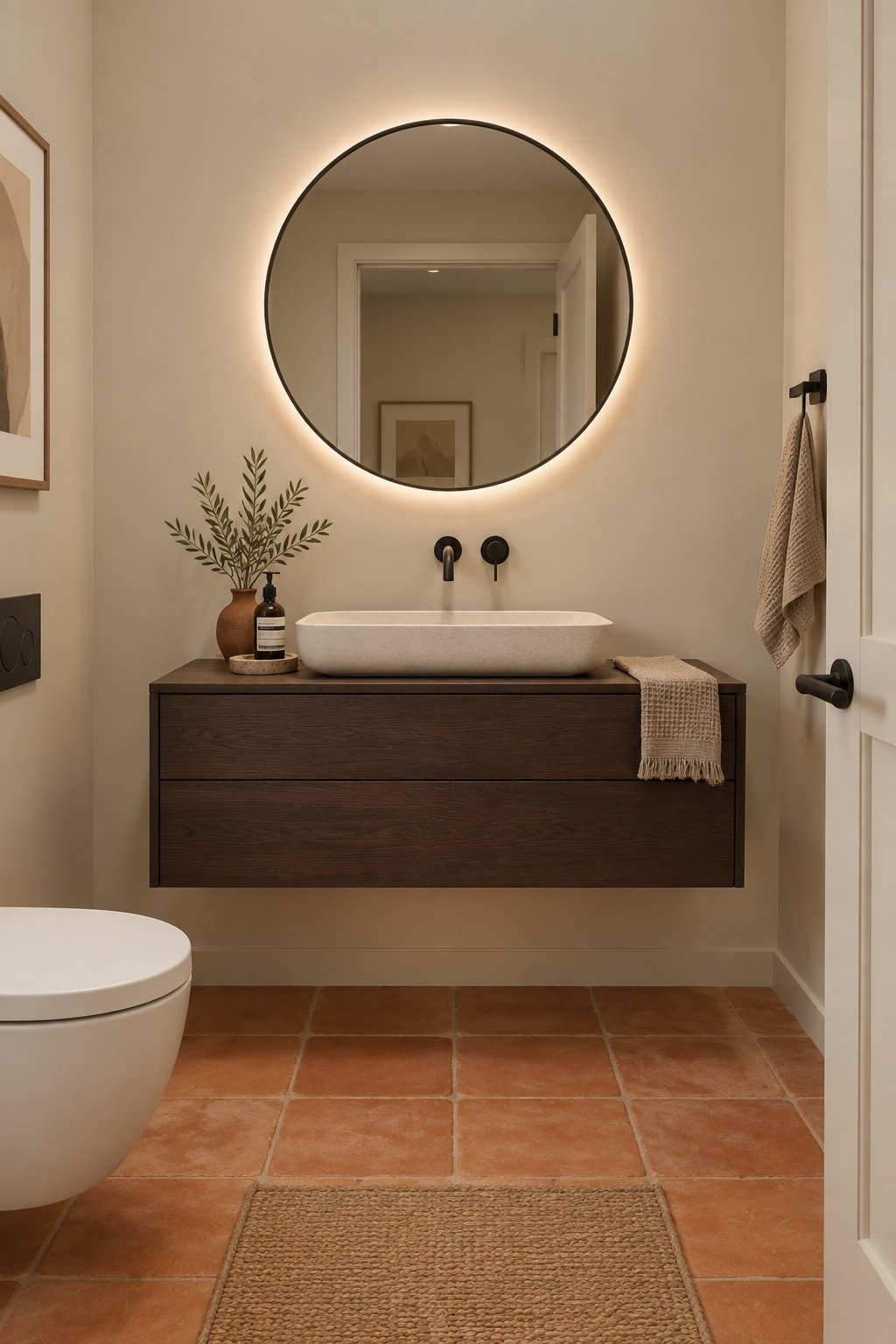 A bathroom with a floating dark wood vanity, round illuminated mirror, neutral walls, and terracotta floor tiles.