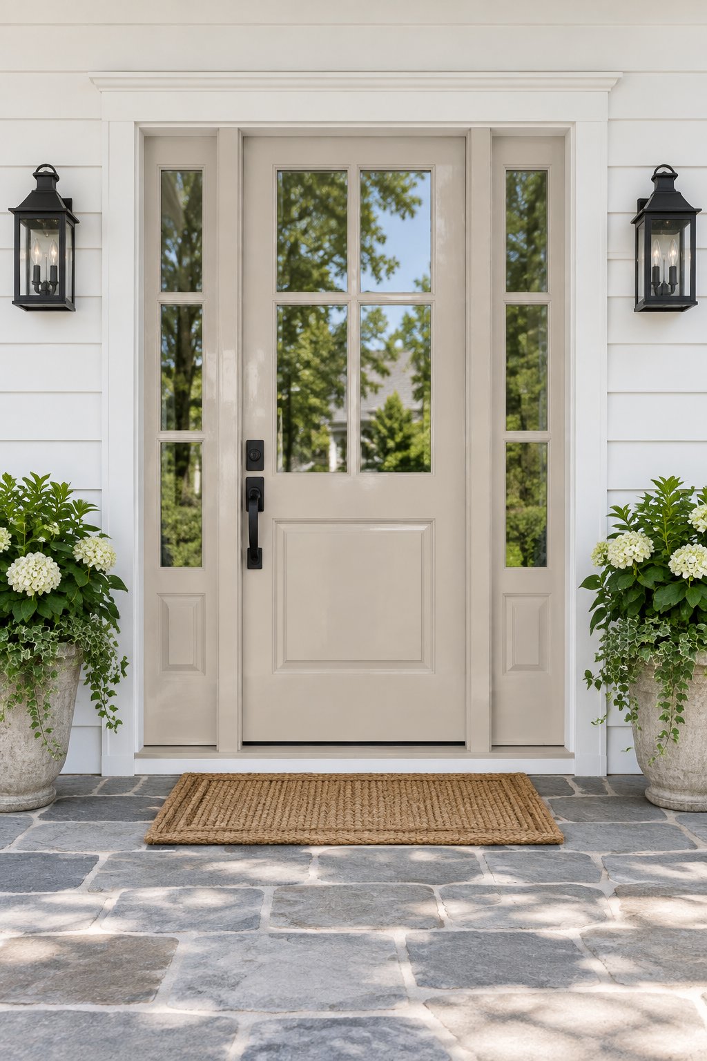 A cottage entrance with a taupe front door, white siding, stone porch, and black wall sconces.