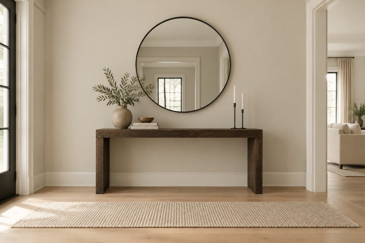 A calm foyer with a dark wood console, round wall mirror, pale walls, a wool runner, and light wood flooring.