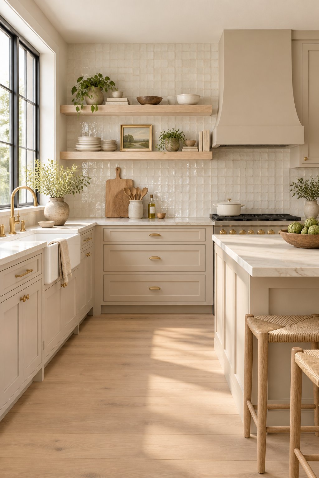 A bright kitchen with warm taupe cabinets, oak shelving, glossy tile backsplash, brass hardware, and a light wood floor.