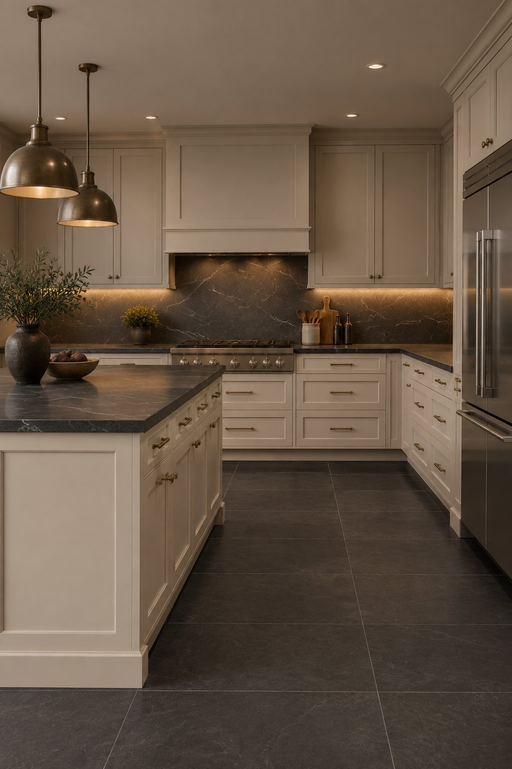 A modern kitchen with taupe cabinets, dark stone countertops, and slate flooring.