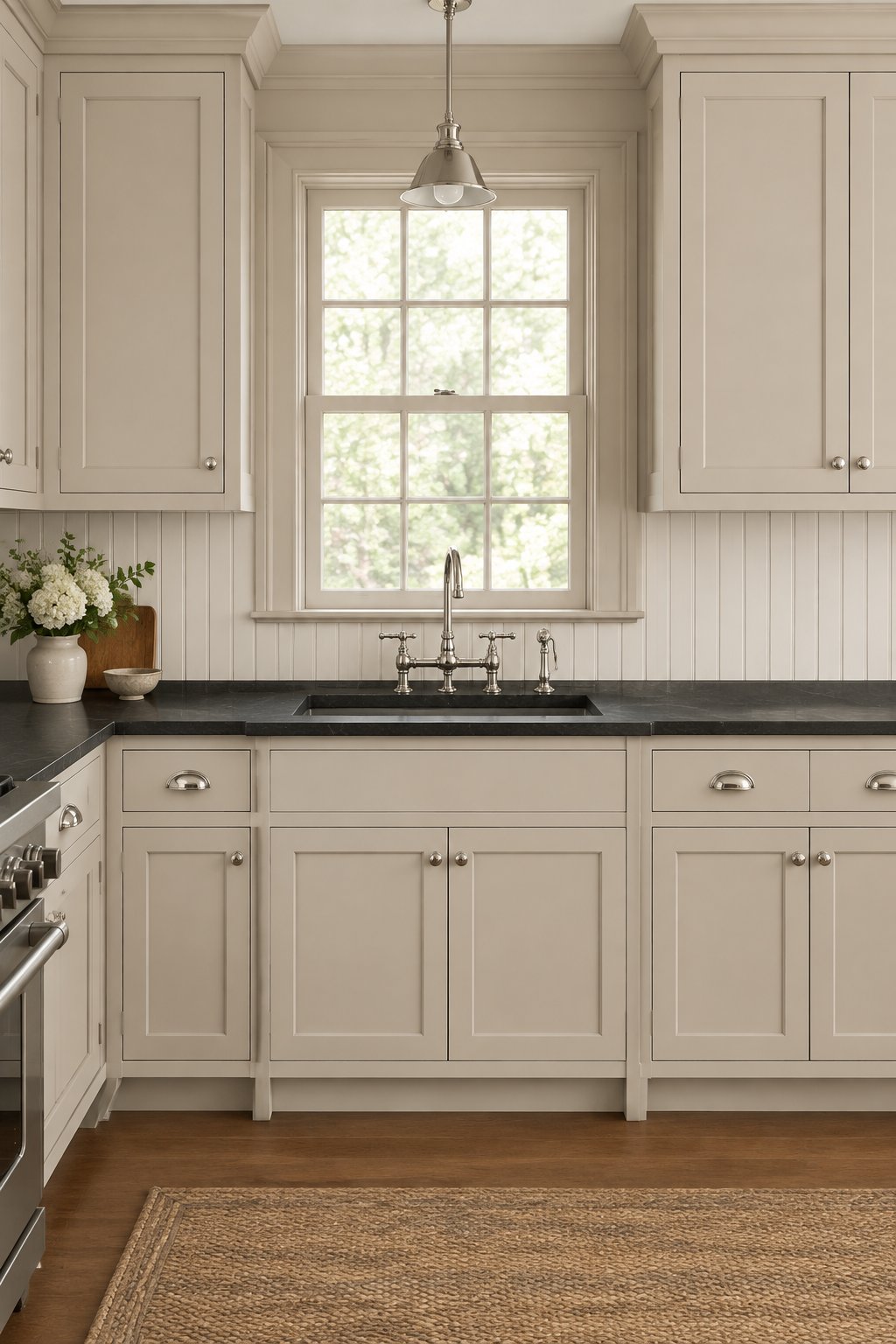 A traditional kitchen with warm taupe cabinets, dark countertops, a light beadboard backsplash, and metallic fixtures.