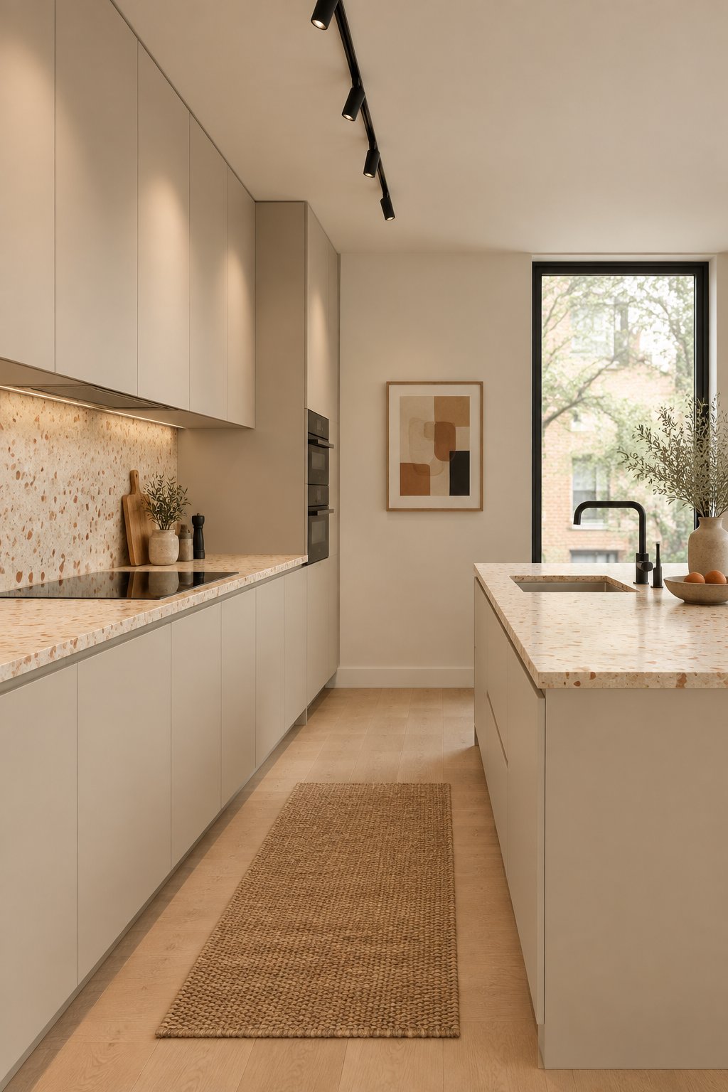 A modern kitchen with warm taupe cabinets, a terrazzo countertop, and dark accents.