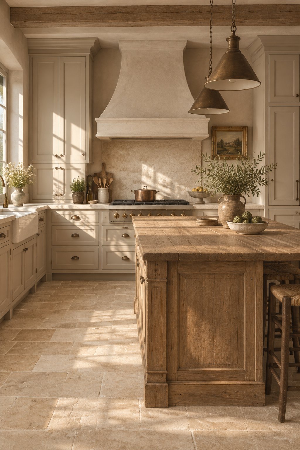 A warm rustic kitchen with taupe cabinets, a large wood island, stone flooring, and sunlight coming through the room.