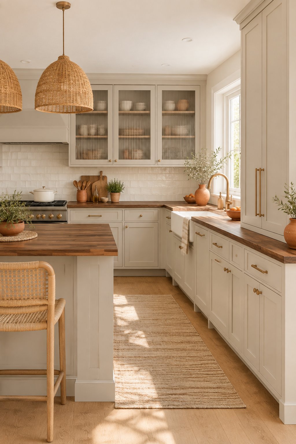 A bright kitchen with taupe cabinets, wood countertops, glass-front upper cabinets, pendant lights, and pottery accents.