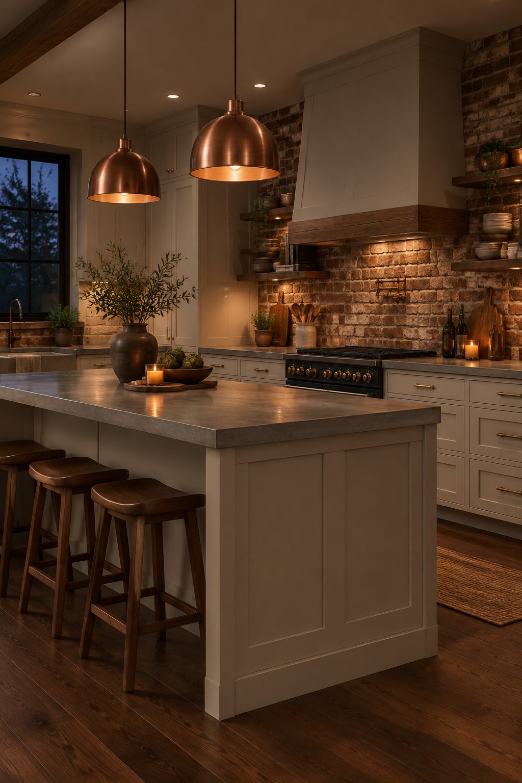 A kitchen with taupe shaker cabinets, a concrete island, a weathered brick wall, and copper pendant lights.