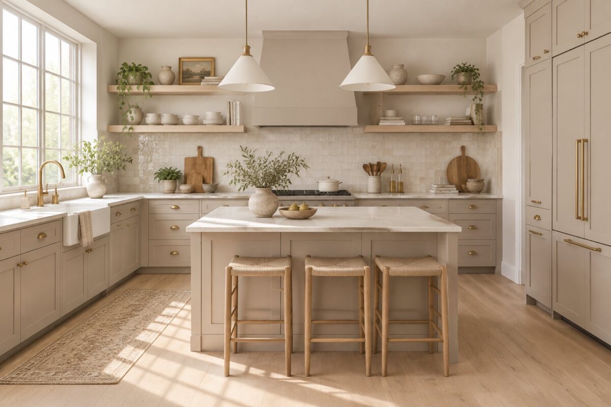 A bright warm-toned kitchen with taupe cabinets, light oak shelving and flooring, glossy tiled backsplash, brass hardware, and sunlight through a large window.