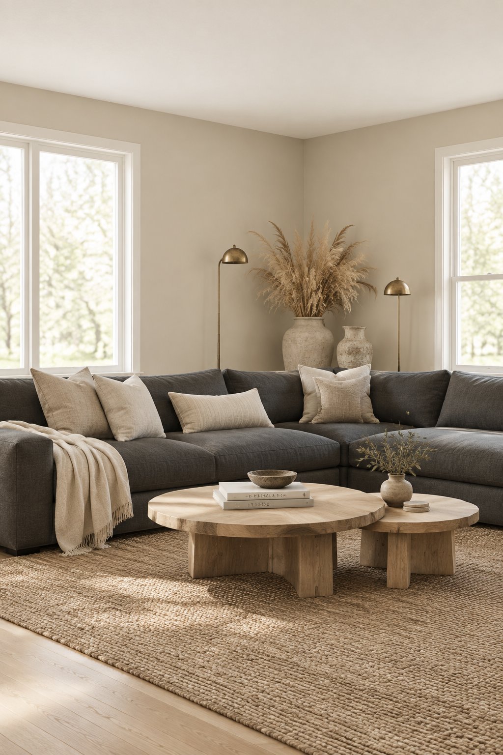 A bright living room with taupe walls, a dark sectional sofa, wood tables, a woven rug, brass lamps, and decorative vases.