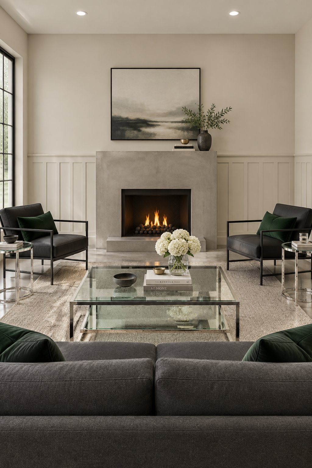 A minimalist living room with light greige walls, dark seating, black chairs, a concrete fireplace, glass tables, and green pillows.