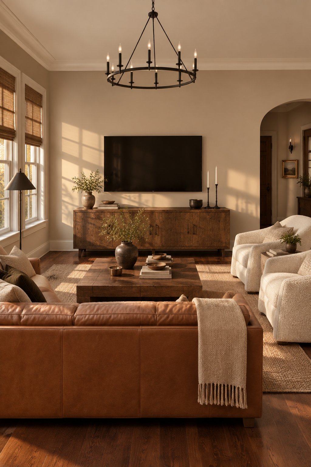 A warm living room with a camel sofa, cream armchairs, walnut flooring, and soft afternoon sunlight.