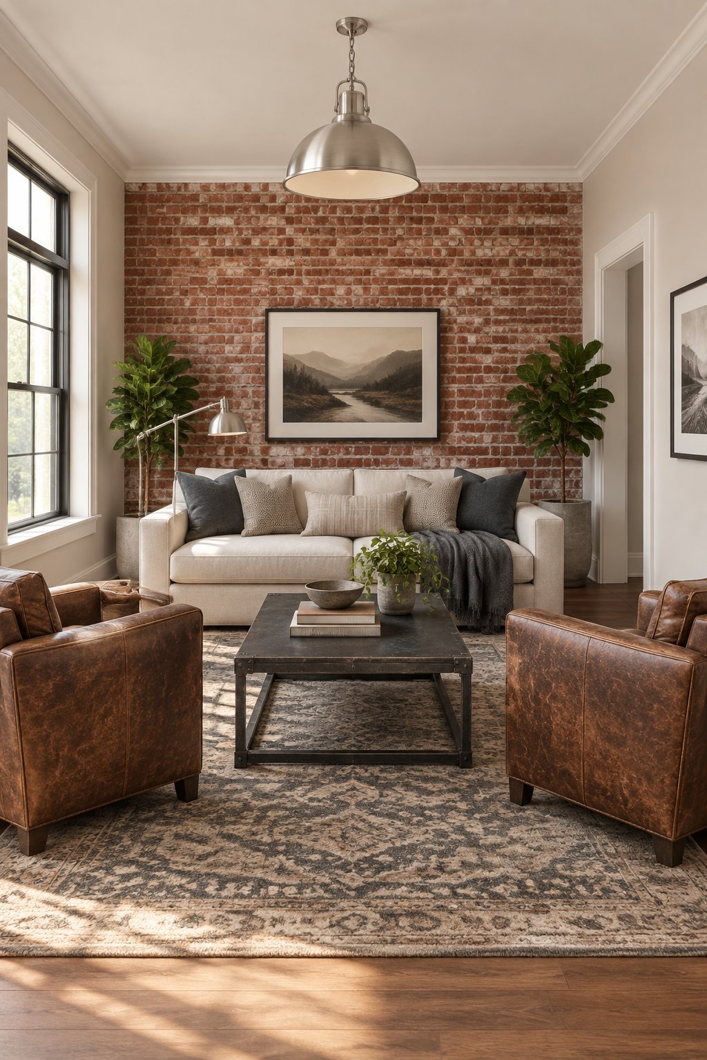 A bright living room with a red brick wall, pale taupe walls, leather chairs, a black coffee table, a patterned rug, metal lighting, and potted plants.