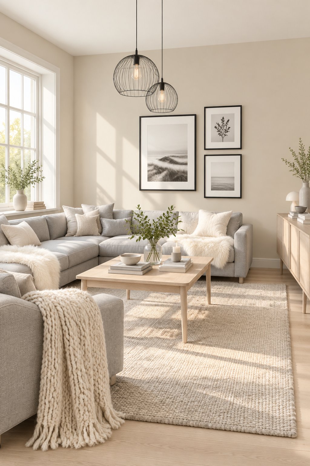 A bright living room with pale wood furniture, gray sofas, textured blankets, white throws, black frames, and pendant lights.