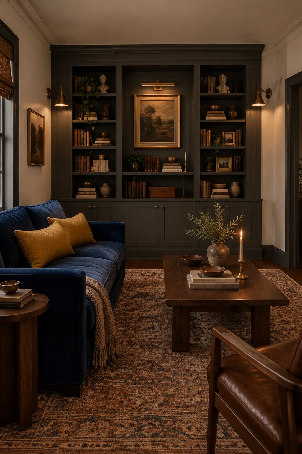 A cosy living room with a navy sofa, built-in bookcases, warm lighting, dark tables, and a patterned rug.