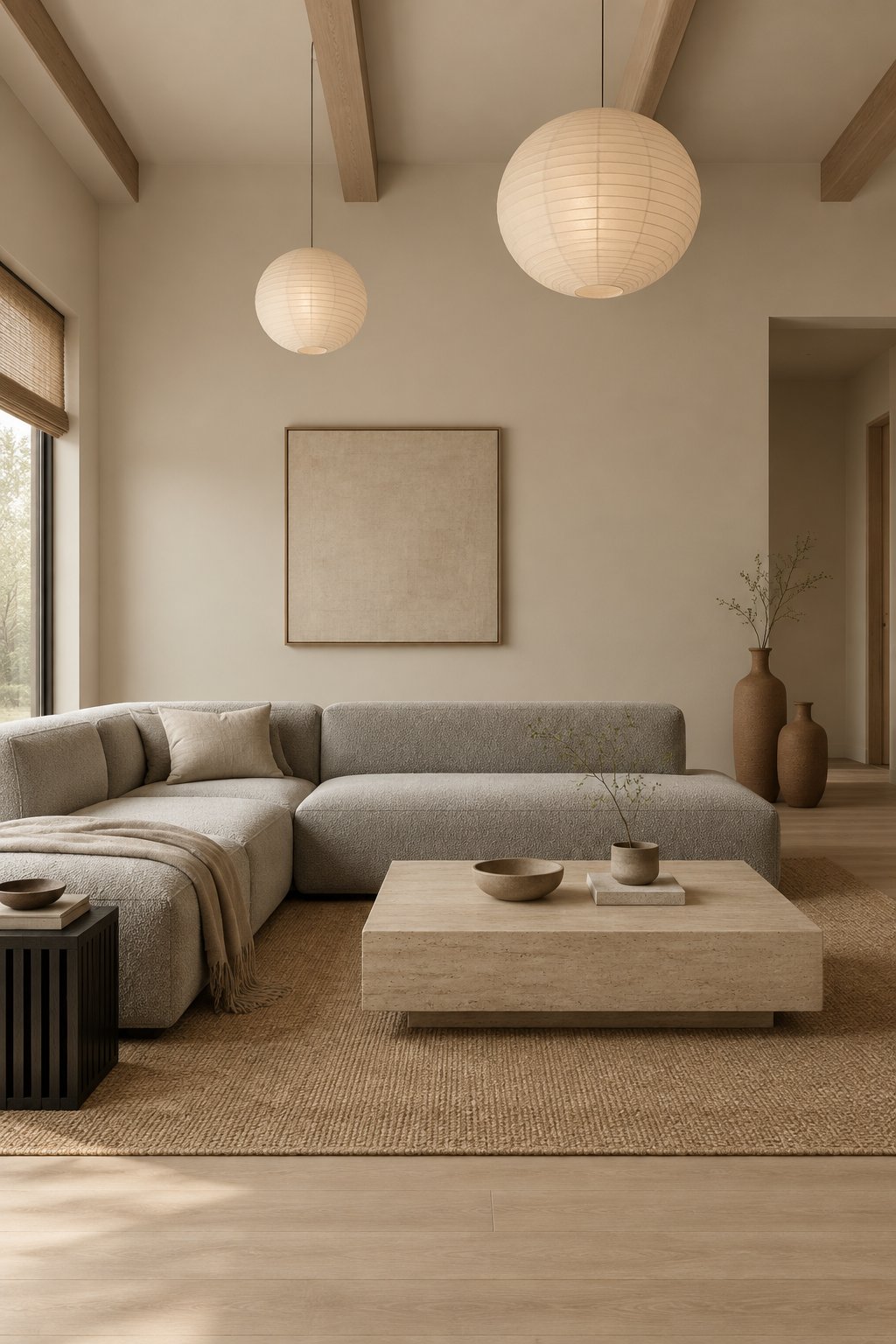A calm living room with a low gray sofa, dark wood furniture, a stone coffee table, hanging lanterns, and tall ceramic vessels.
