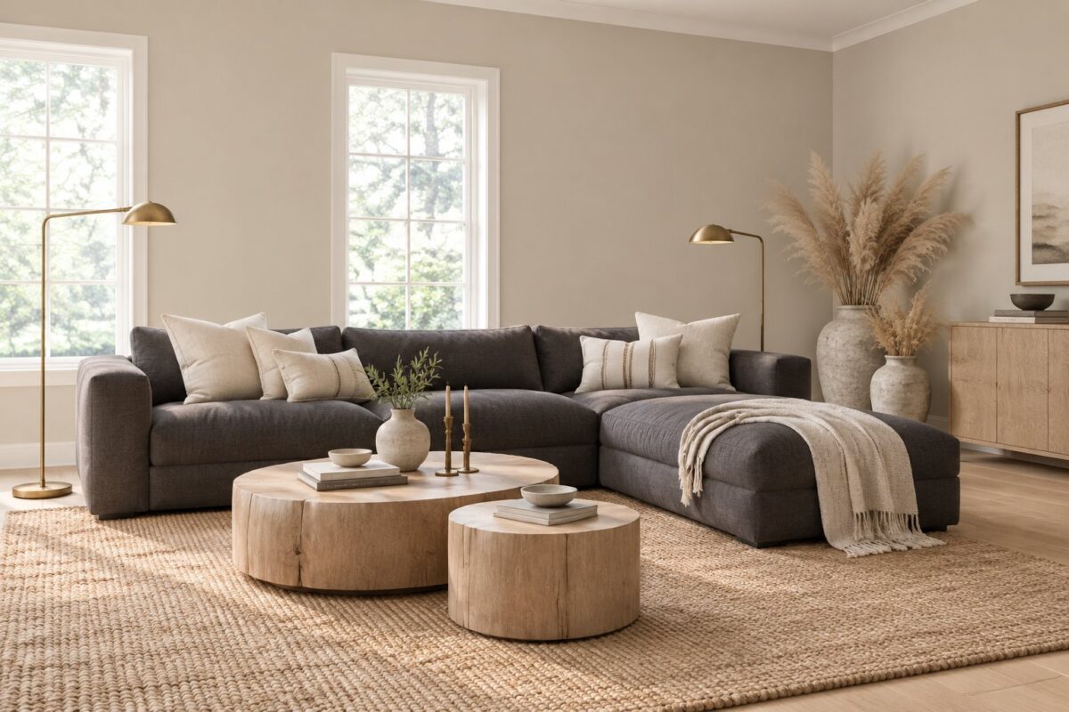 A bright living room with taupe walls, a dark sectional sofa, wood tables, a woven rug, brass lamps, and ceramic vases with dried grasses.