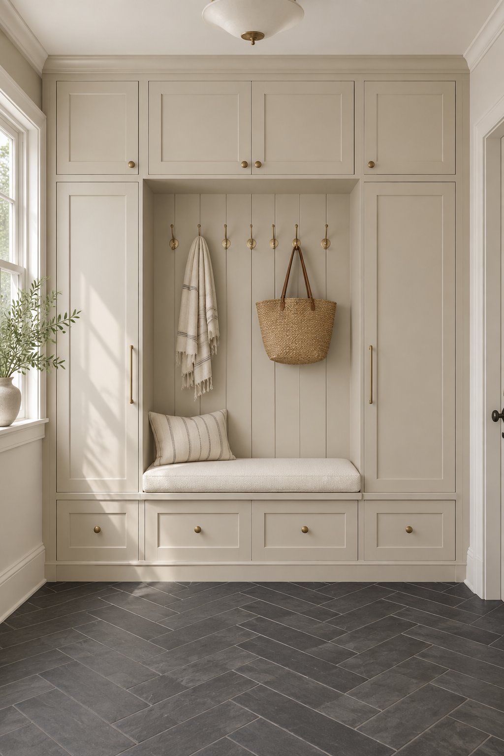 A bright mudroom with taupe built-in lockers, a central bench, dark herringbone flooring, and daylight from a side window.