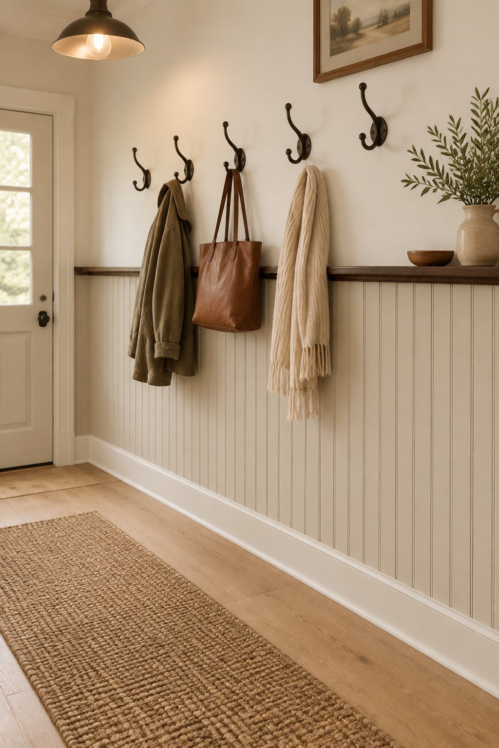 A cozy mudroom entryway with beadboard walls, coat hooks, a wood ledge, a jute runner, and white oak flooring.