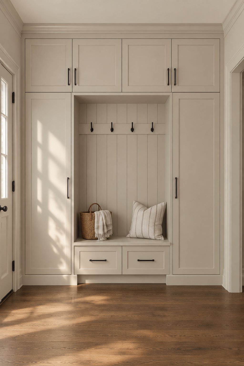 A mudroom with a full wall of built-in cabinets, surrounding trim, and wood flooring.