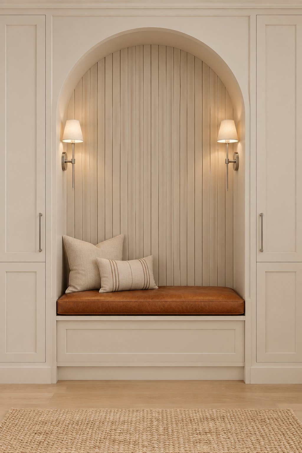 A mudroom with an arched recessed bench, taupe walls, a cognac cushion, and two glowing wall sconces.