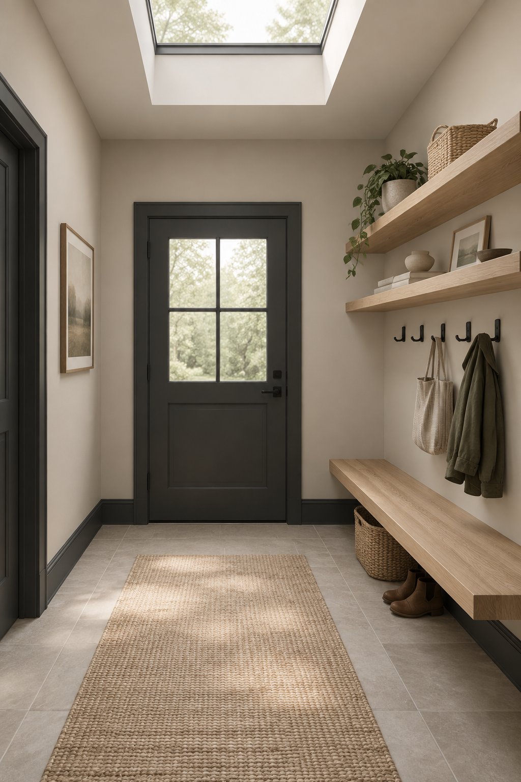 A spacious mudroom with shelves, a wooden bench, doors, and a skylight.