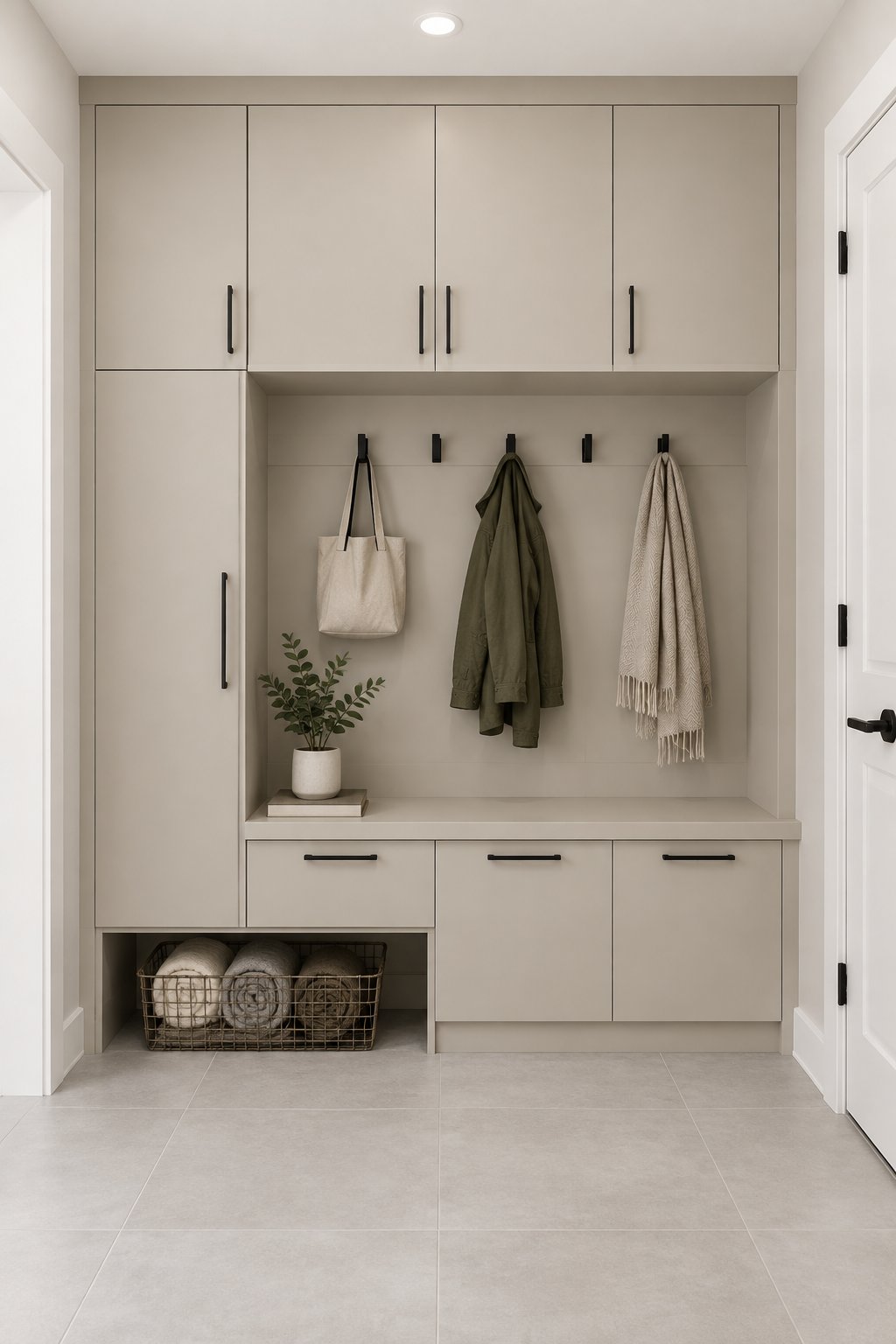 A clean mudroom with pale cabinets, dark handles, tiled flooring, and a basket of rolled blankets.
