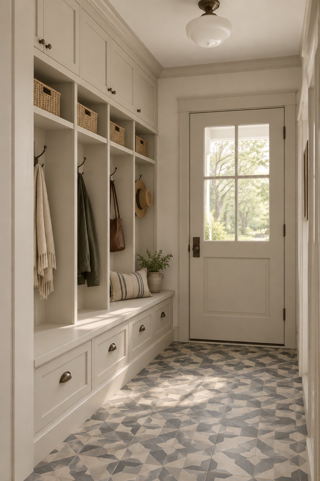 A warm mudroom with wall cubbies, a bench, drawers, and patterned tile flooring.
