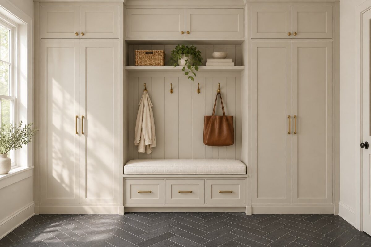 A bright mudroom with tall taupe storage lockers, a central cushioned bench, brass hooks, and dark herringbone flooring.